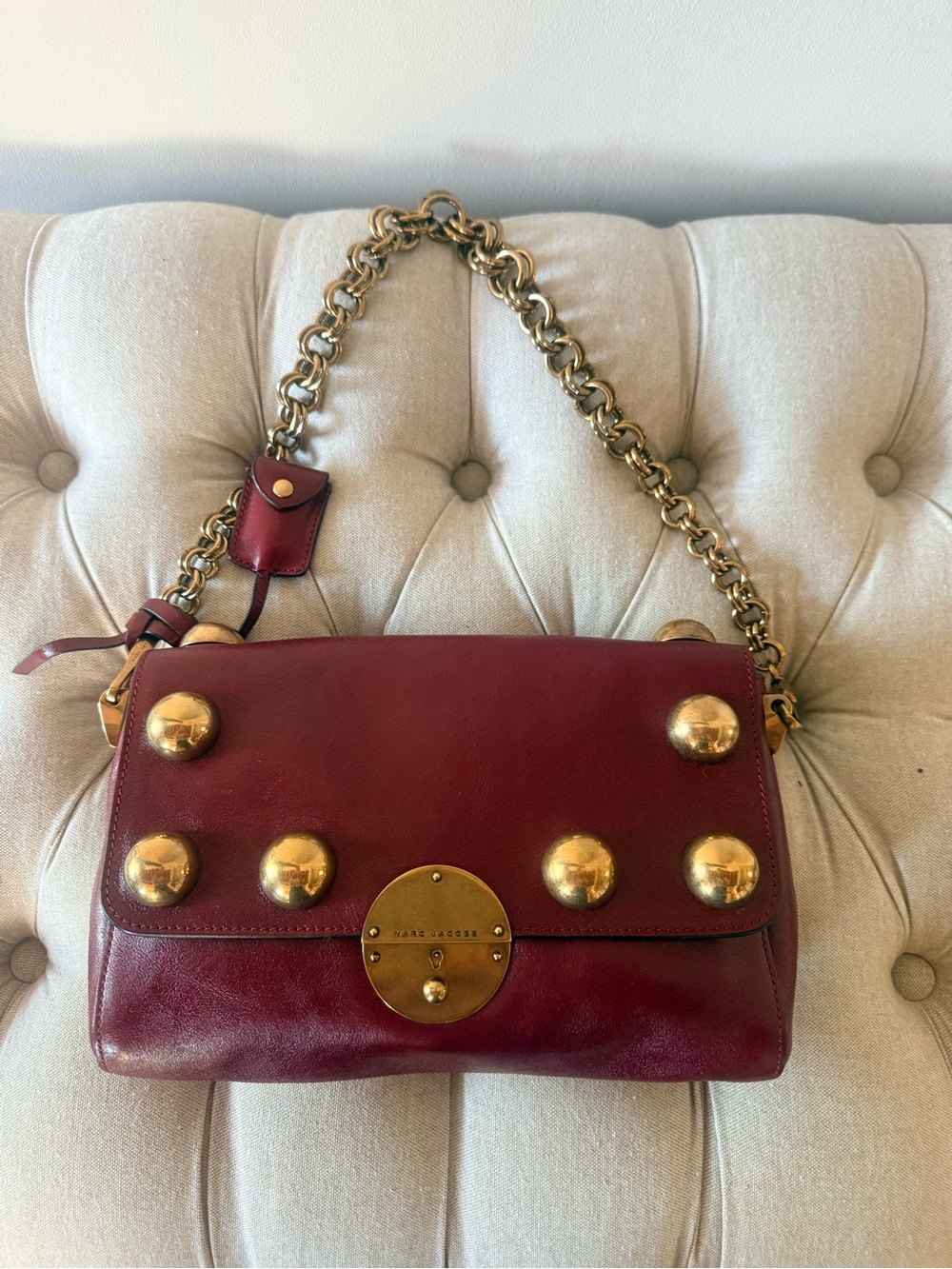 RARE 3-in-1 Marc Jacobs Gotham Studded Leather Bag Burgundy Solid Brass Chain